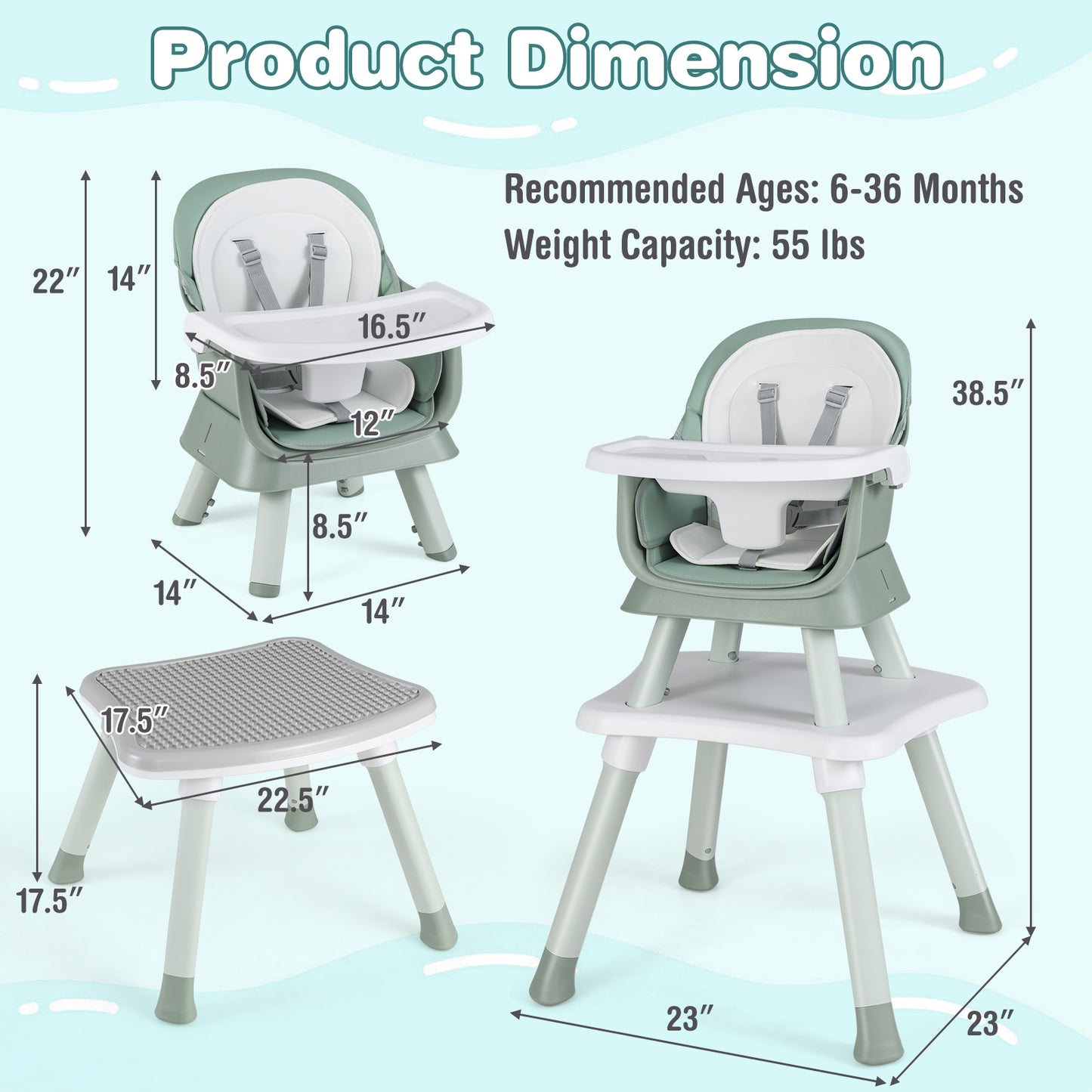 6-in-1 Convertible Baby High Chair with Adjustable Removable Tray, Green High Chairs at Gallery Canada