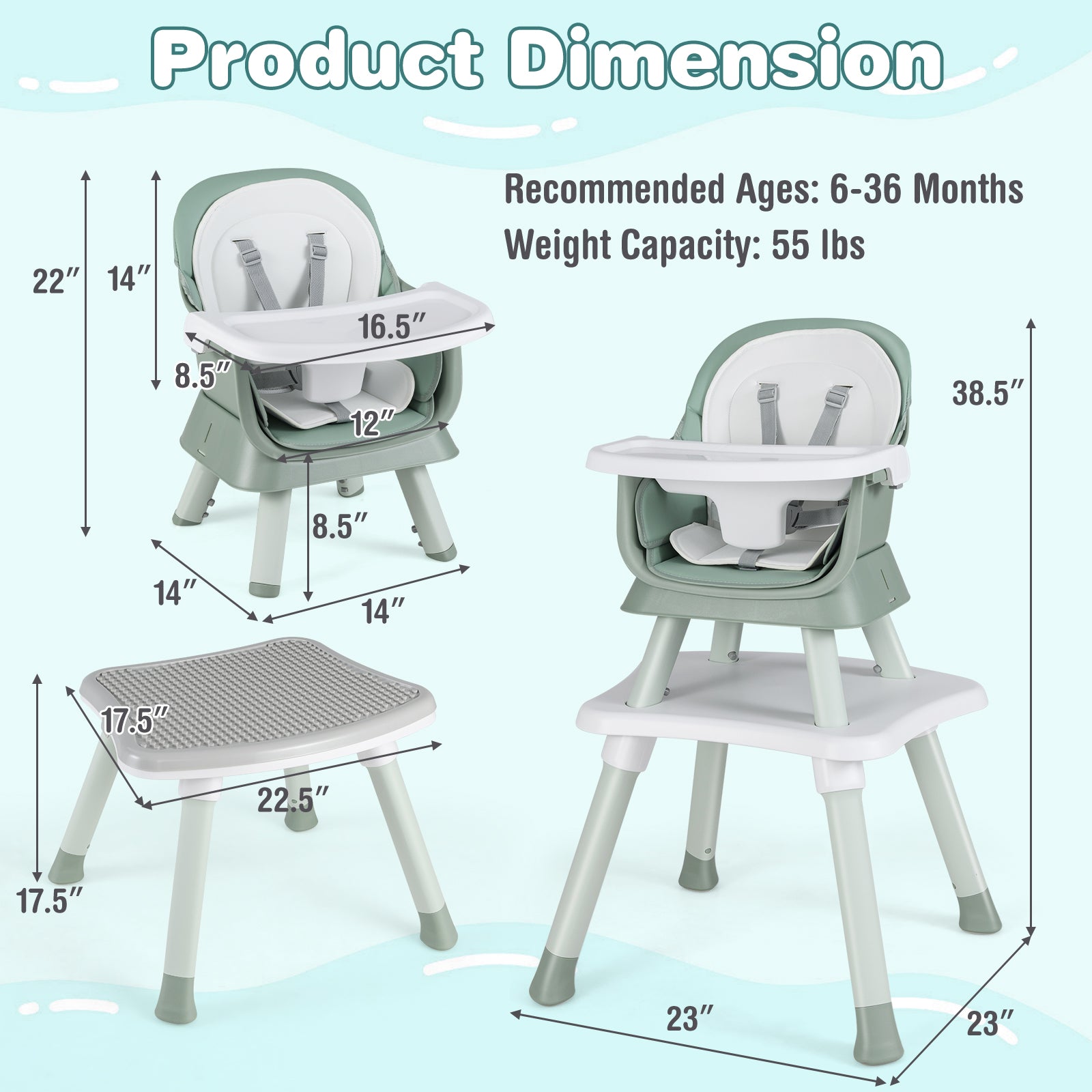 6-in-1 Convertible Baby High Chair with Adjustable Removable Tray, Green High Chairs at Gallery Canada