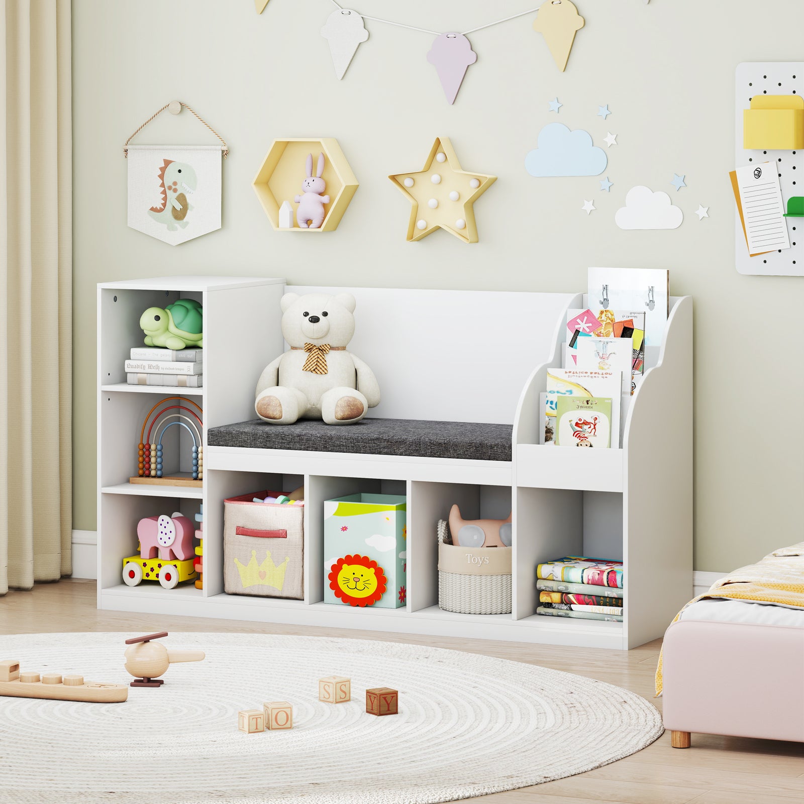 Kids Bookcase with Reading Nook 3-in-1 Standing Toy Organizer, White Kids Storage at Gallery Canada