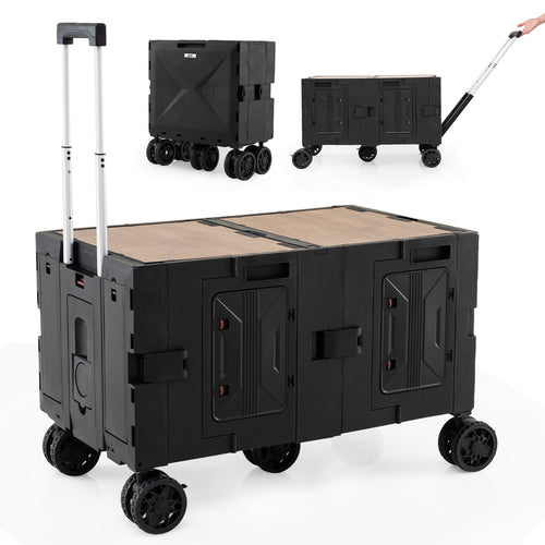 Large Foldable Utility Cart with 2-Tier Storage Crates and Telescoping Handle, Black
