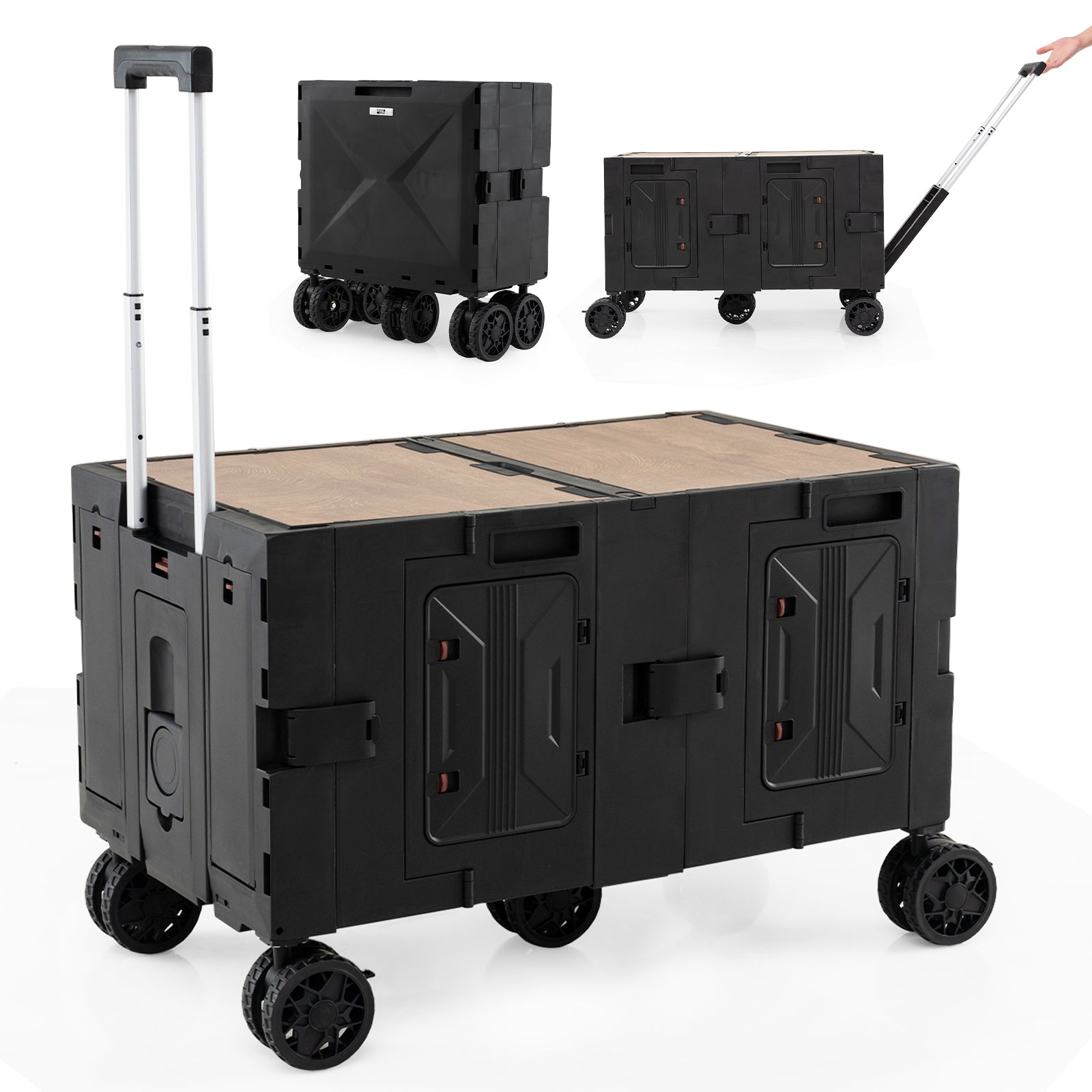 Large Foldable Utility Cart with 2-Tier Storage Crates and Telescoping Handle, Black Camping Furniture at Gallery Canada