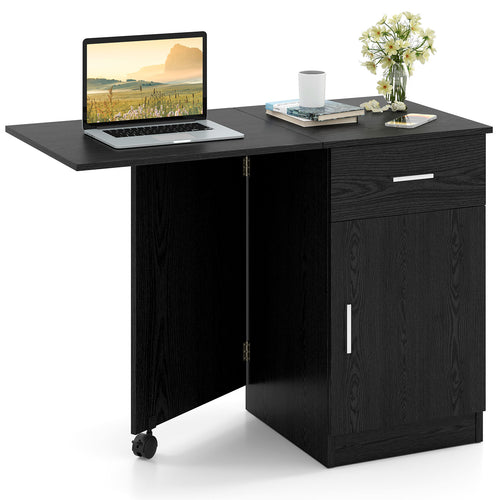 Folding Computer Desk with Drawer Mobile Home Office Desk with Cabinet, Black