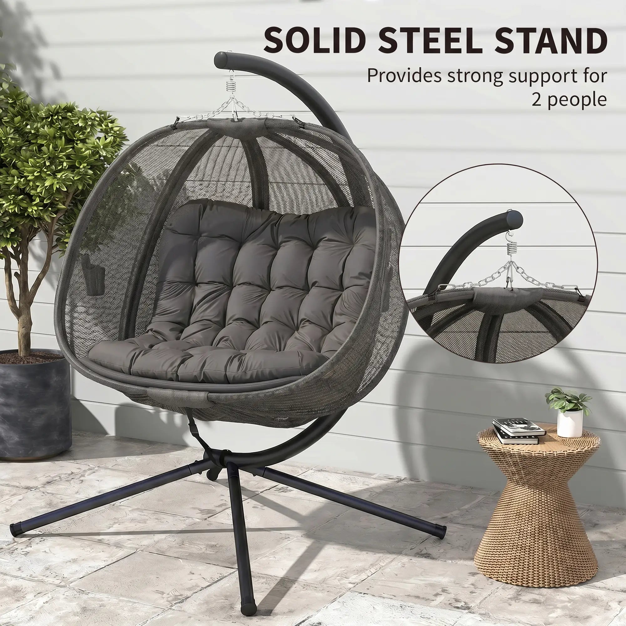 Double Egg Chair with Stand, 2 Person Hanging Swing, Grey Patio Swings with Stand at Gallery Canada