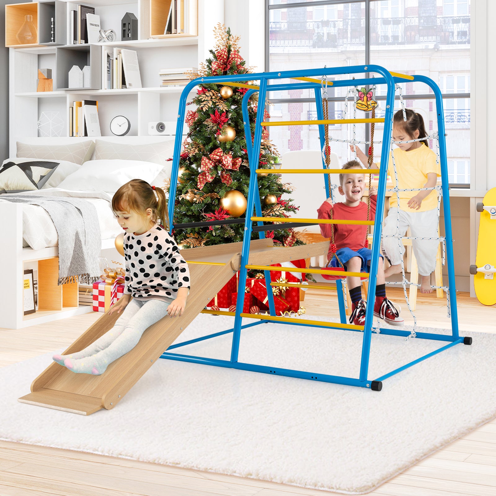 6-in-1 Indoor Jungle Gym with Slide for Boys and Girls 3+ Years Old, Blue Climbers & Slides at Gallery Canada