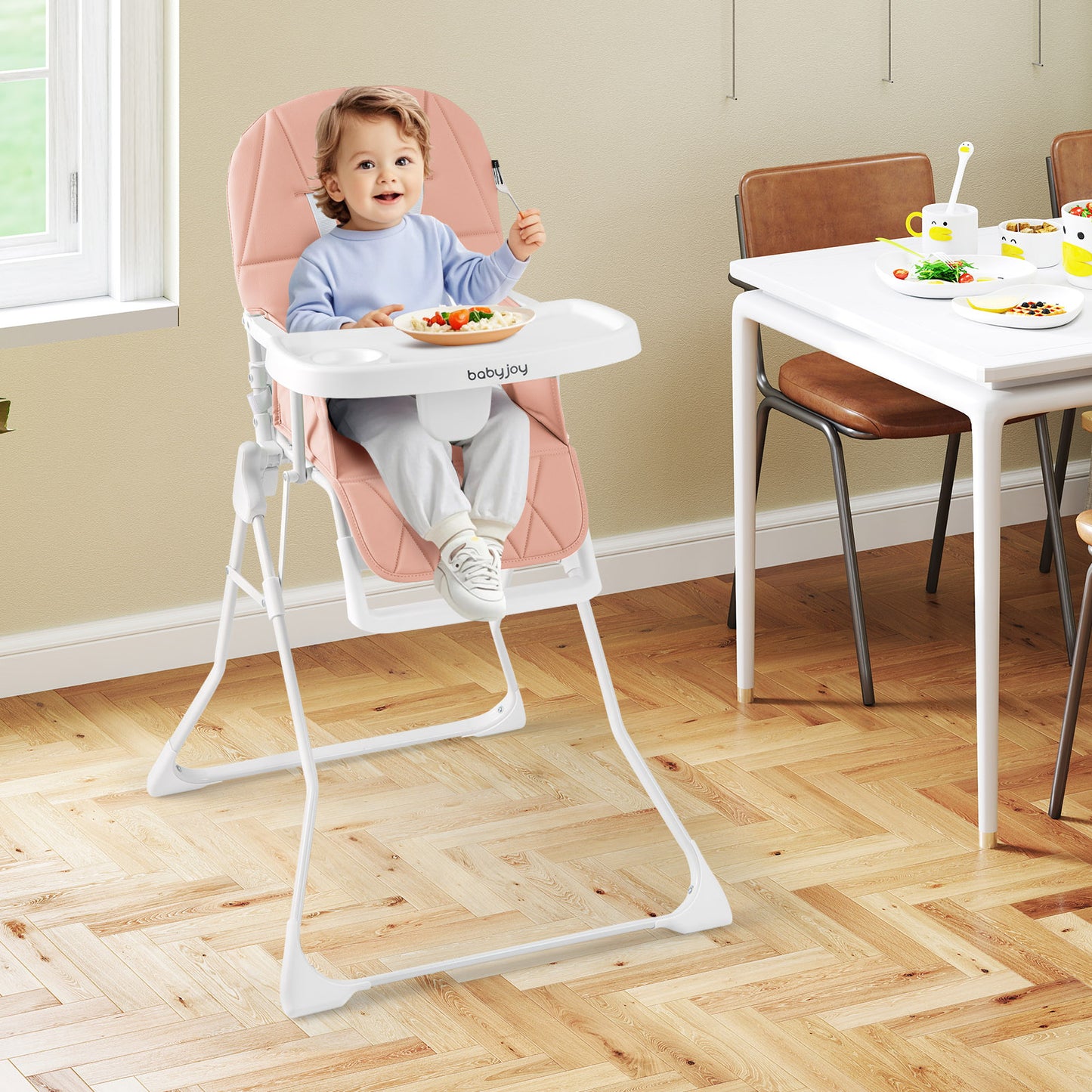 Easy Clean Compact Highchair with Removable Adjustable Tray and PU Seat Cushion, Pink Nursery Furniture at Gallery Canada