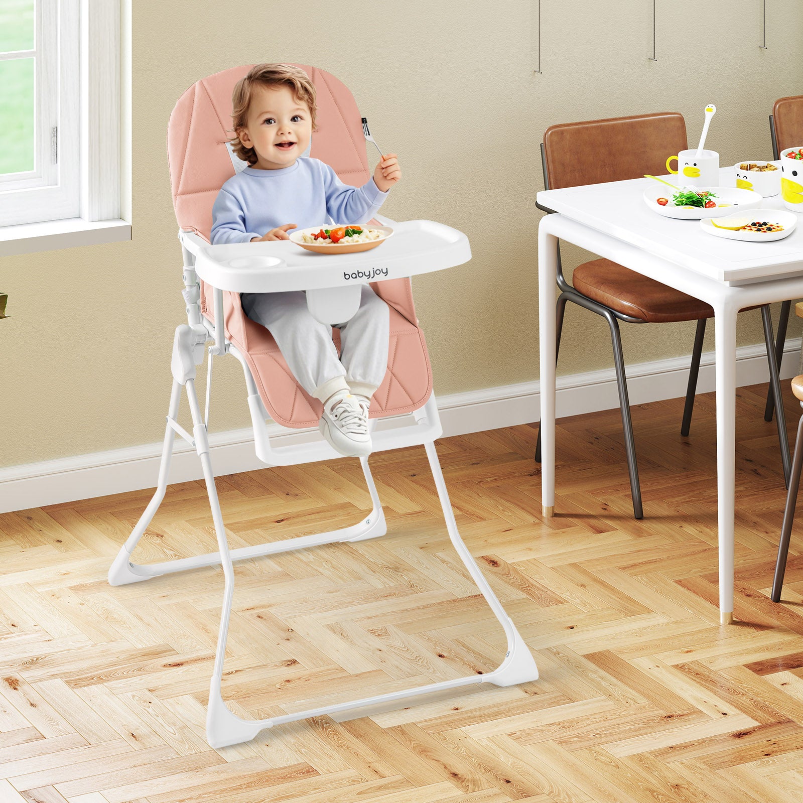 Easy Clean Compact Highchair with Removable Adjustable Tray and PU Seat Cushion, Pink Nursery Furniture at Gallery Canada