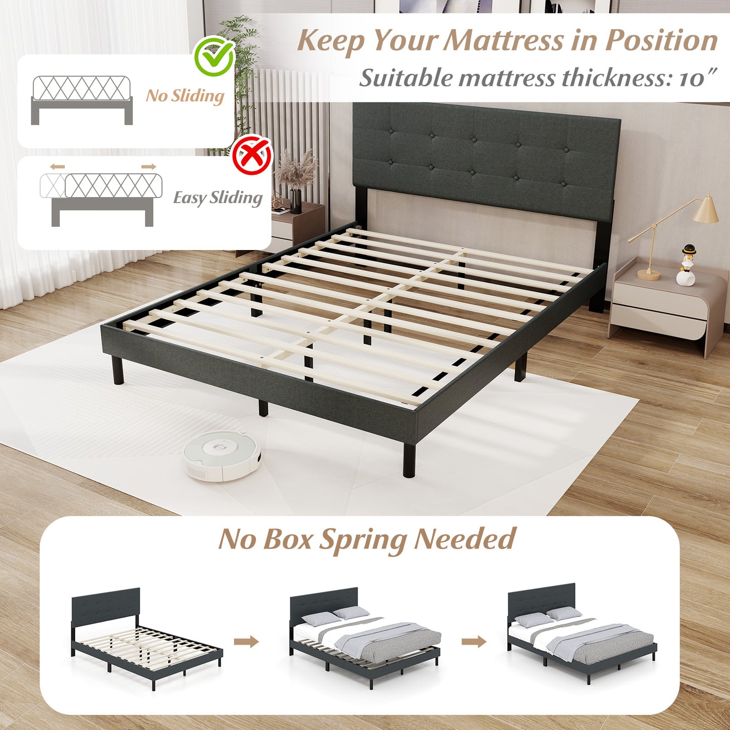Queen Size Upholstered Bed Frame Linen Platform Bed, Dark Gray Simple Bed Frame at Gallery Canada
