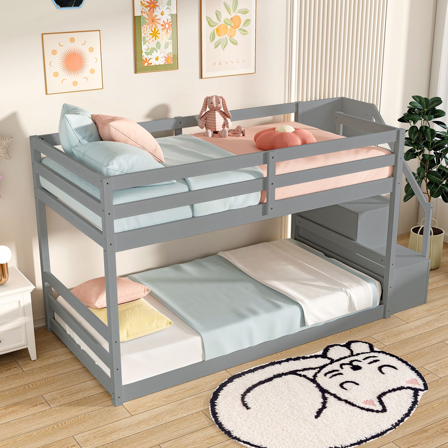 Twin Over Twin Low Bunk Bed with Storage Stairs Solid Wood Floor Bunk Bed Frame, Gray Bunk Bed Frame at Gallery Canada
