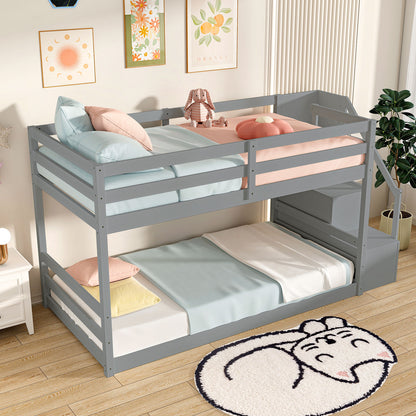 Twin Over Twin Low Bunk Bed with Storage Stairs Solid Wood Floor Bunk Bed Frame, Gray Bunk Bed Frame at Gallery Canada