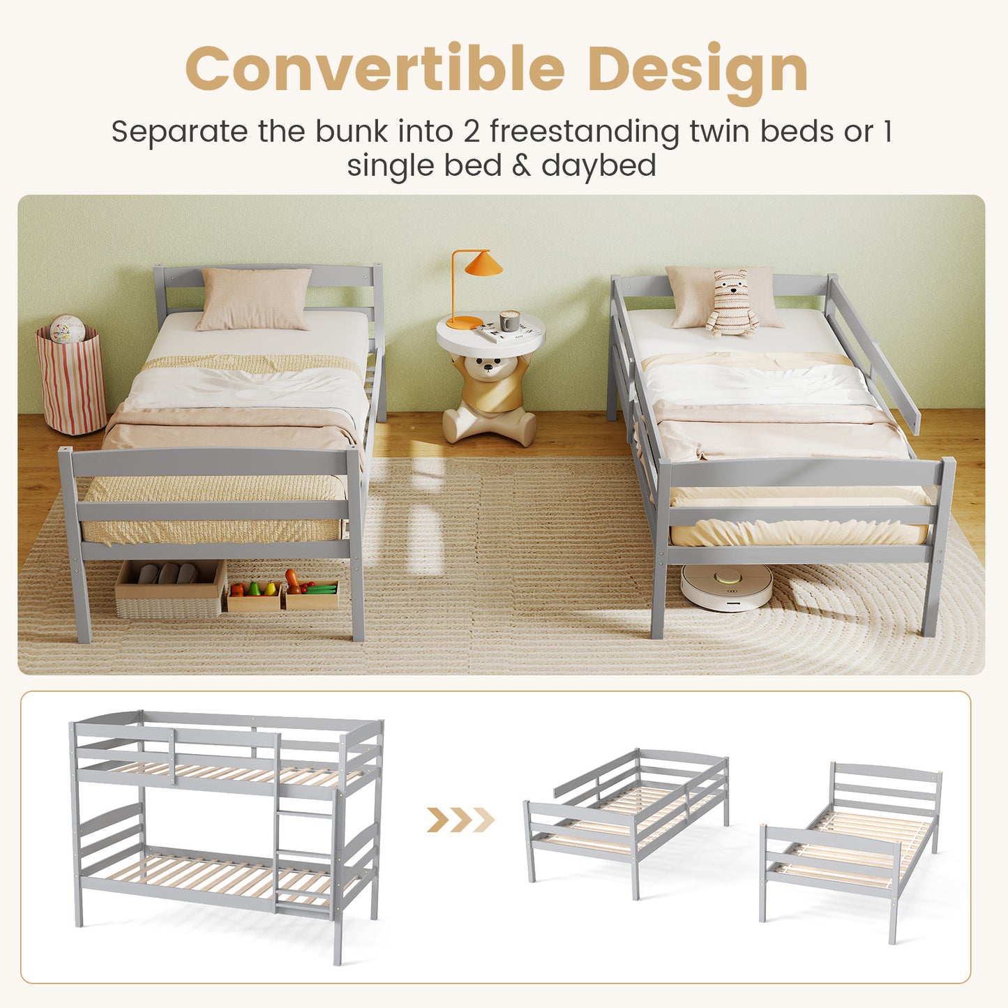 Solid Wood Twin Over Twin Bunk Bed Frame with High Guardrails and Integrated Ladder, Gray Bunk Bed Frame at Gallery Canada