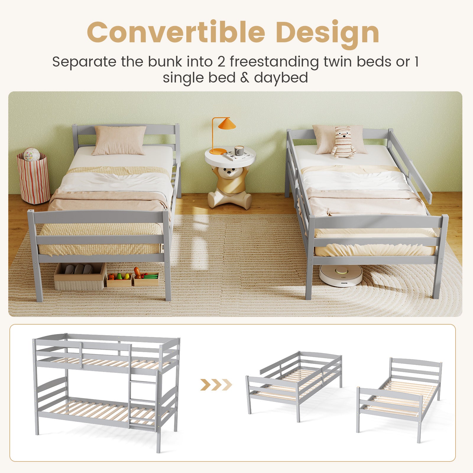 Solid Wood Twin Over Twin Bunk Bed Frame with High Guardrails and Integrated Ladder, Gray Bunk Bed Frame at Gallery Canada