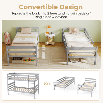 Solid Wood Twin Over Twin Bunk Bed Frame with High Guardrails and Integrated Ladder, Gray Bunk Bed Frame at Gallery Canada