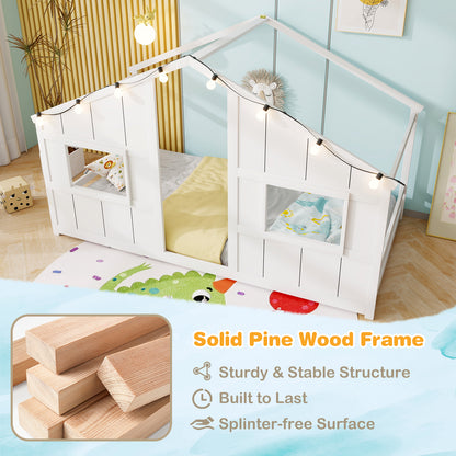 Twin Size House Bed with LED Lights Montessori Slat-free Floor Bed, White Toddler Beds at Gallery Canada