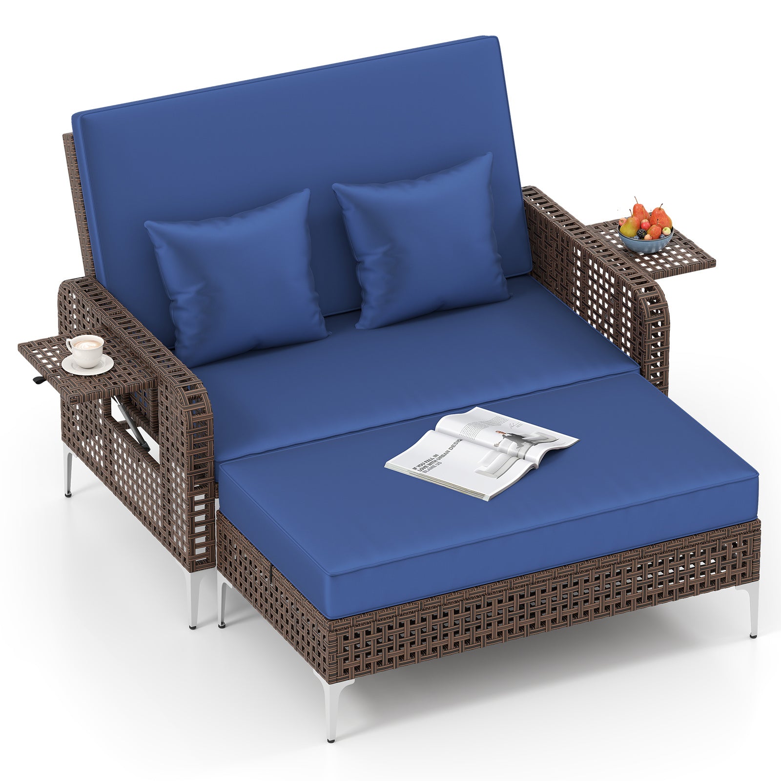 2 Piece Patio Rattan Daybed Wicker Loveseat and Ottoman with Adjustable Backrest, Navy Outdoor Sectionals Navy at Gallery Canada