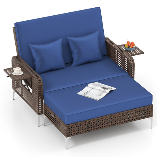 2 Piece Patio Rattan Daybed Wicker Loveseat and Ottoman with Adjustable Backrest, Navy Outdoor Sectionals Navy at Gallery Canada