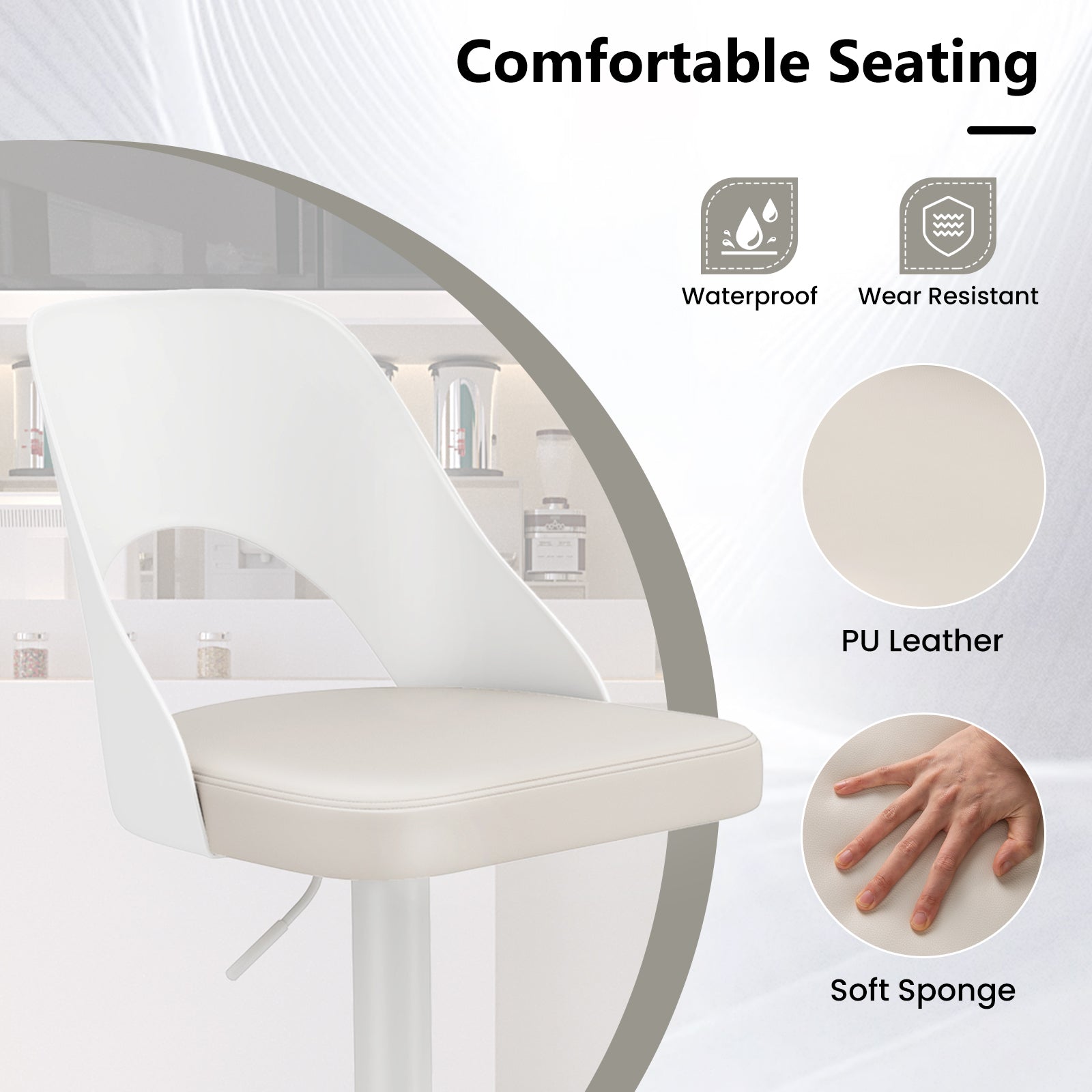 Bar Stools Set of 2 with Enlarged PU Leather Seat and Footrest, White Bar Stools at Gallery Canada