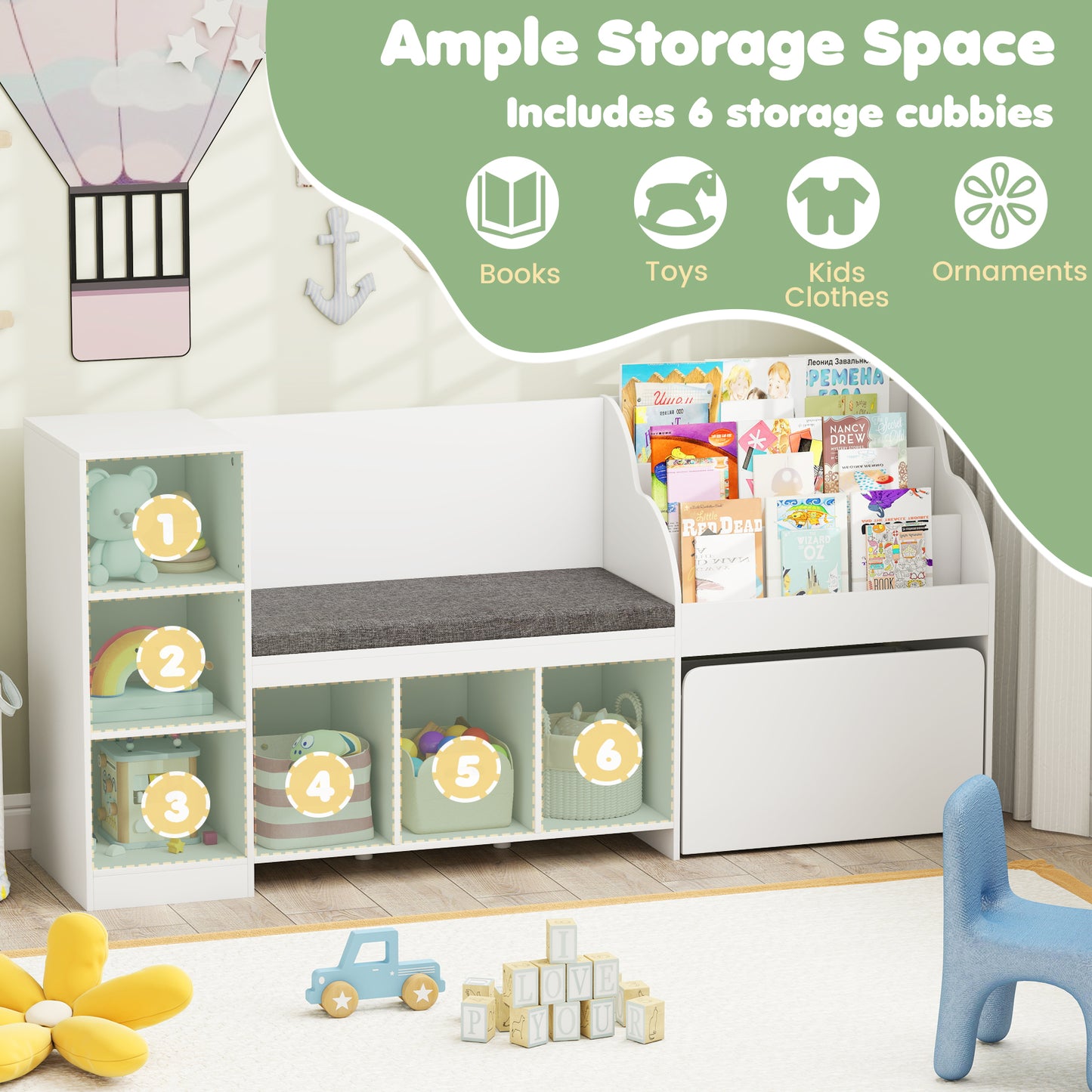 Kids Bookcase with Reading Nook 4-in-1 Standing Toy Organizer, White Kids Storage at Gallery Canada