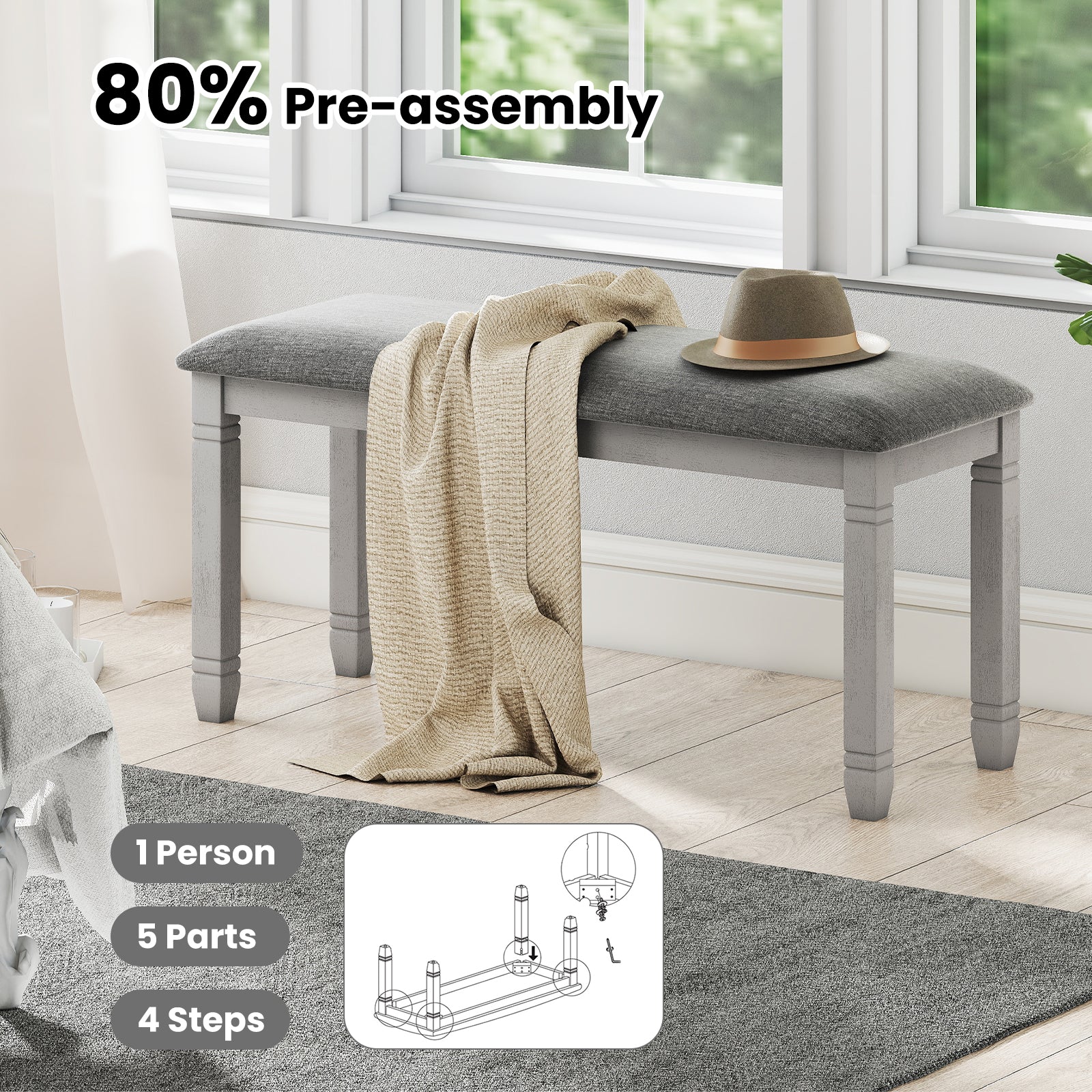 Upholstered Bedroom Bench with Padded Seat and Solid Wood Legs, Gray Shoe Racks & Storage Benches at Gallery Canada