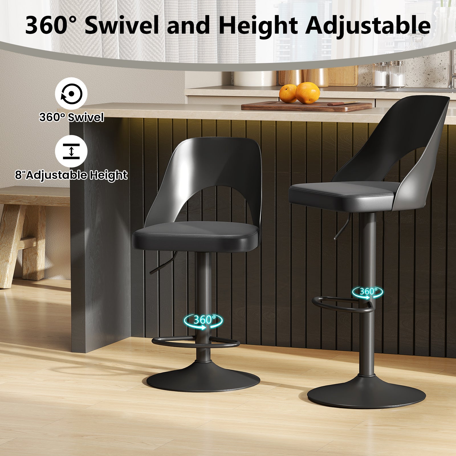 Bar Stools Set of 2 with Enlarged PU Leather Seat and Footrest, Black Bar Stools at Gallery Canada