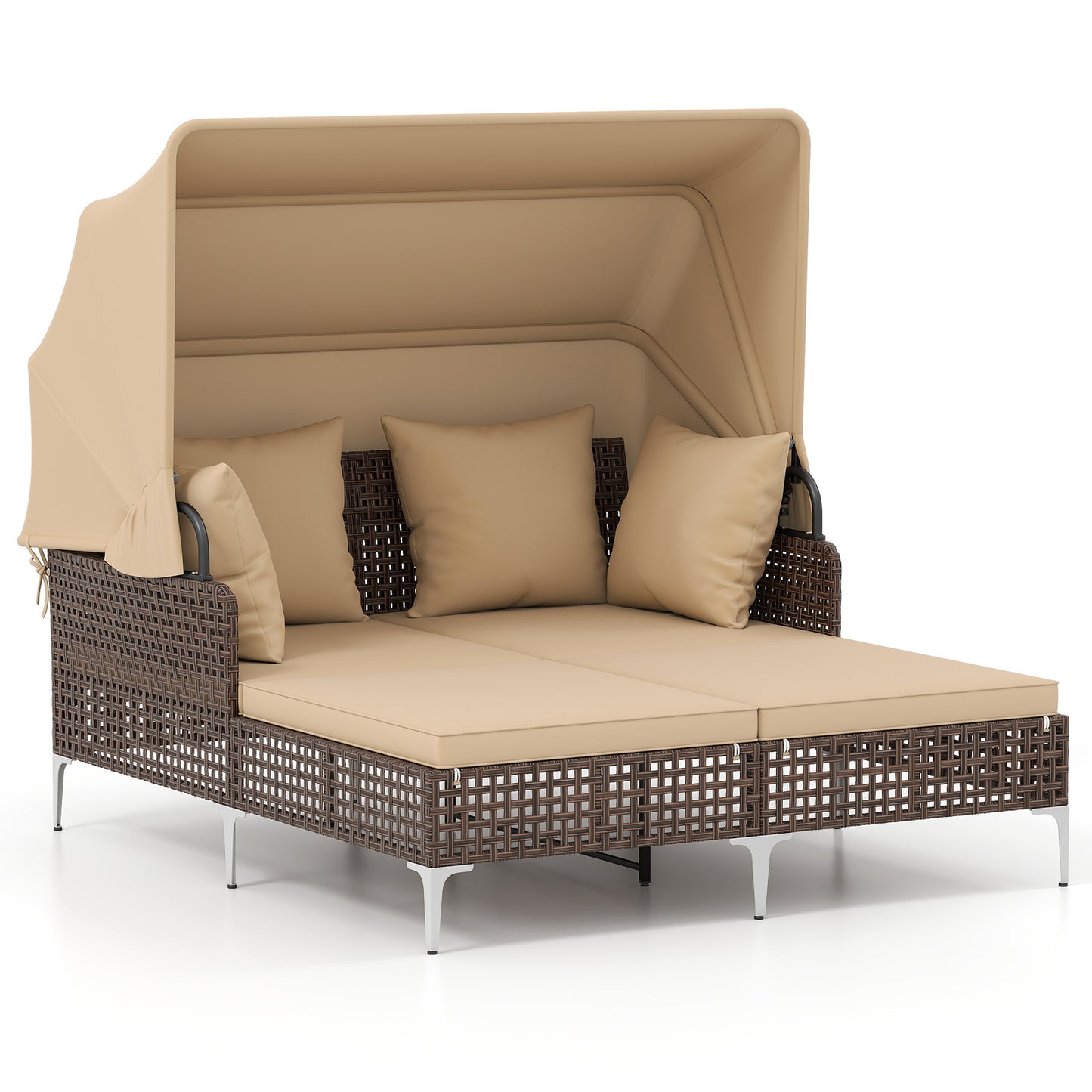 Outdoor Daybed with Retractable Canopy PE Wicker Rattan Patio Lounger, Brown Outdoor Chaise Lounges at Gallery Canada