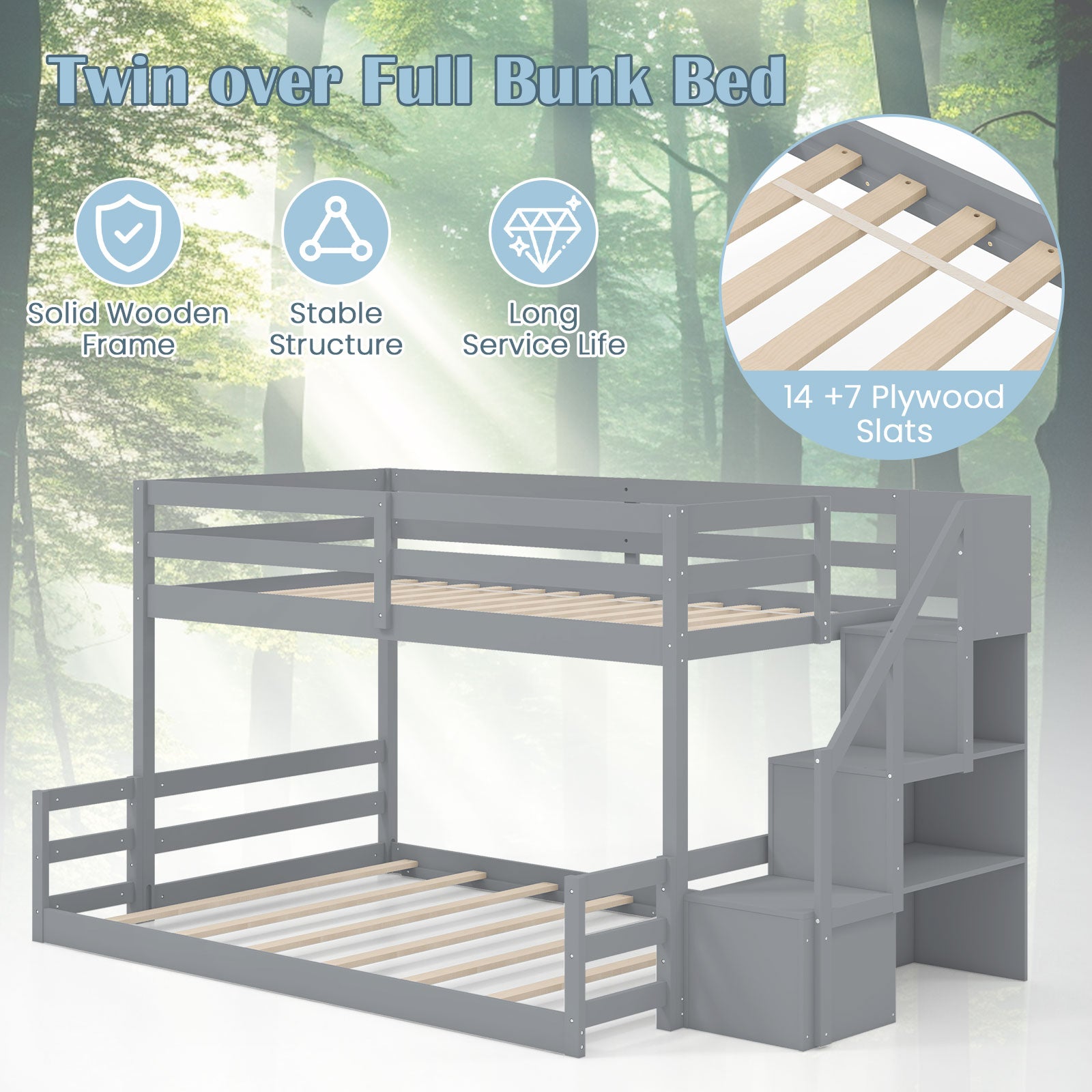 Solid Wood Twin Over Full Low Bunk Bed with Storage Stairs-Grey, Gray Bunk Bed Frame at Gallery Canada