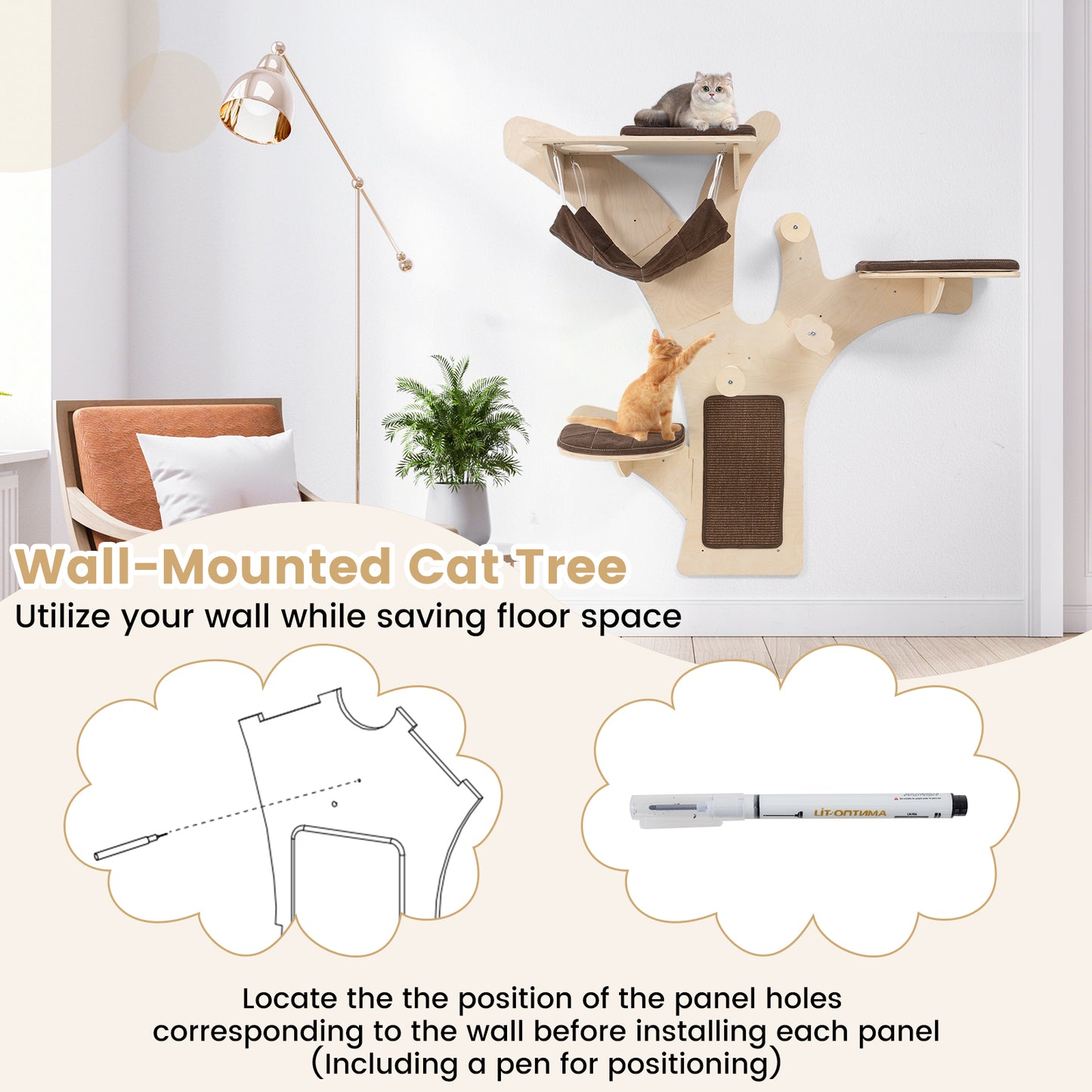 Wall-Mounted Cat Tower Cat Wall Shelves Furniture with Perch, Brown Cat Trees Condos & Scratchers at Gallery Canada