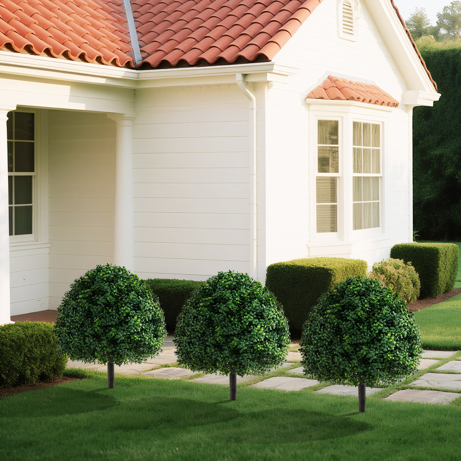 28 Inches Artificial Boxwood Topiary Ball Tree Set of 2 with Ground Spike, Green Faux Plants at Gallery Canada