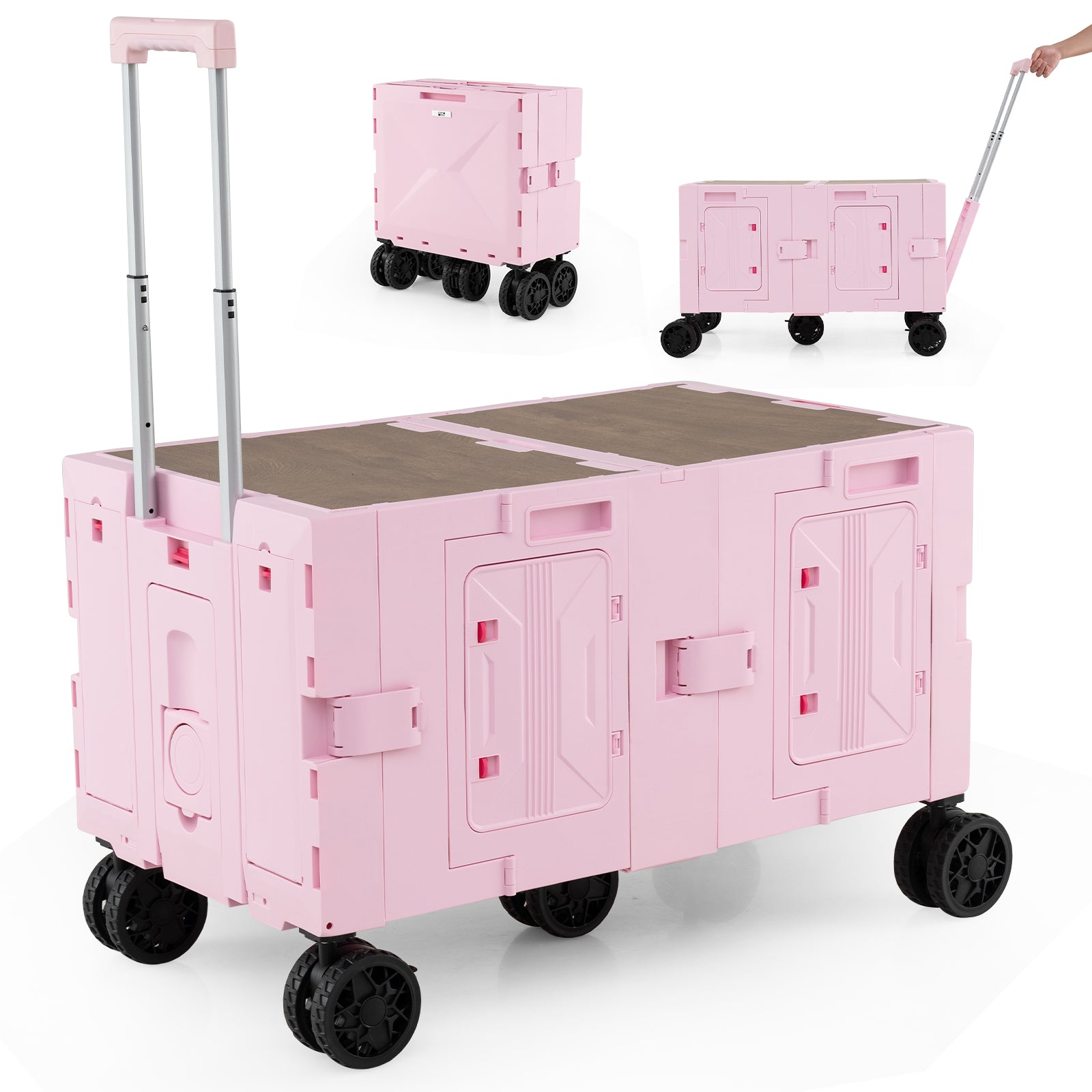 Large Foldable Utility Cart with 2-Tier Storage Crates and Telescoping Handle, Pink Camping Furniture Pink at Gallery Canada