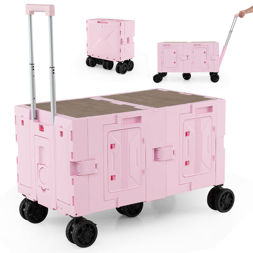 Large Foldable Utility Cart with 2-Tier Storage Crates and Telescoping Handle, Pink
