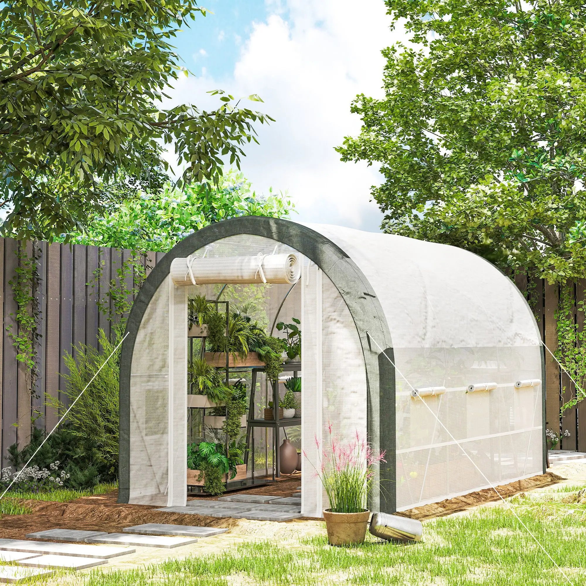 10'x6.6'x6.6' Tunnel Greenhouse, Mesh Door, Windows, Plant Labels, Gloves, White Tunnel Greenhouses at Gallery Canada