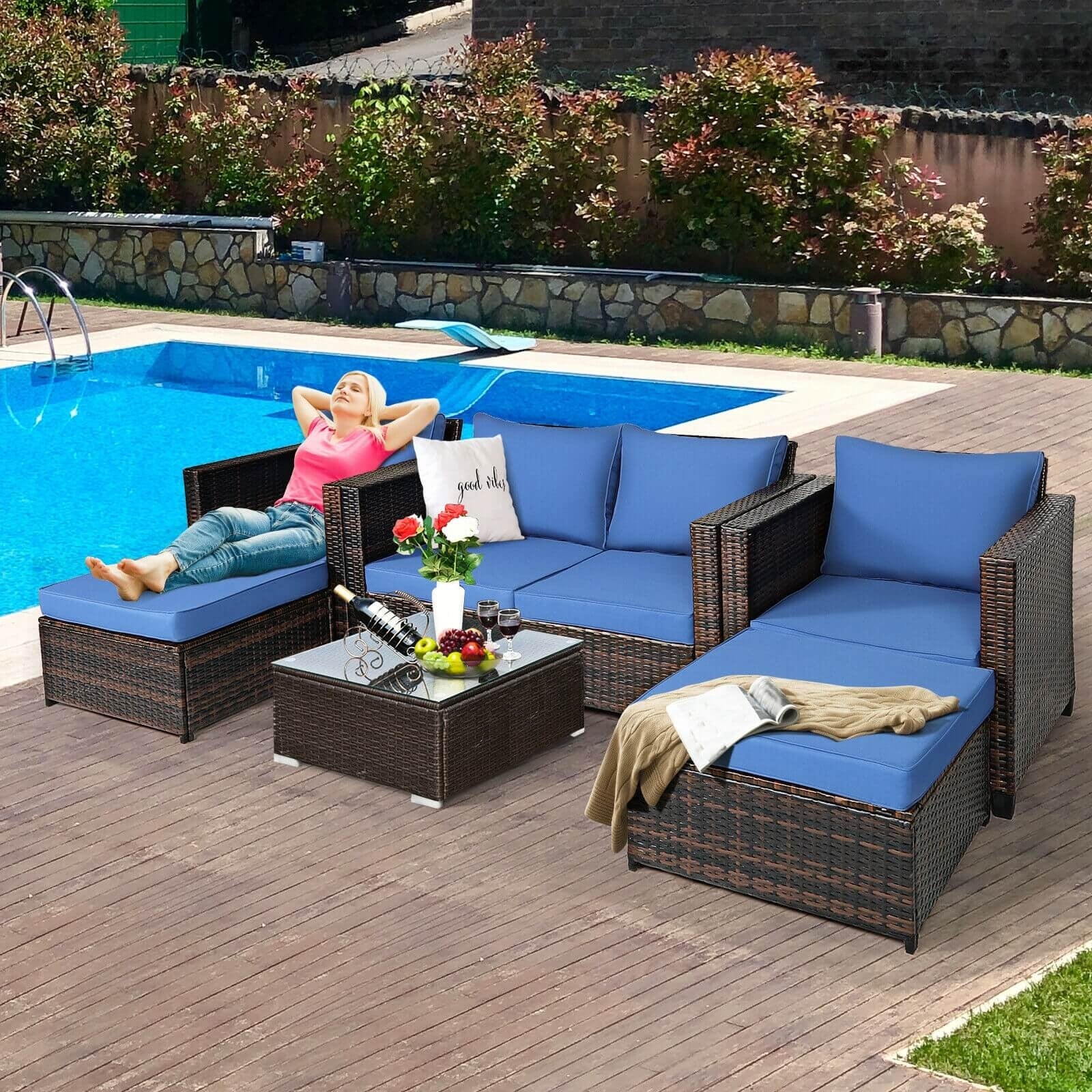 5 Piece Patio Cushioned Rattan Furniture Set, Navy Outdoor Sectionals at Gallery Canada