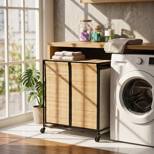18.5 Gal Laundry Hamper With Lid, 2-Section, Lockable Wheels, Natural