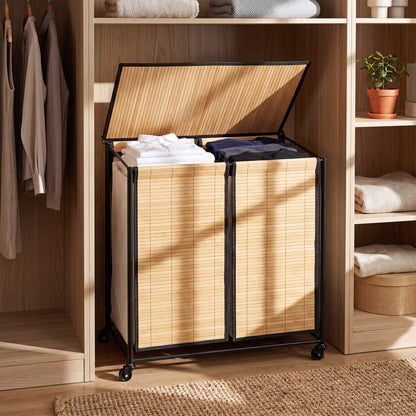 18.5 Gal Laundry Hamper With Lid, 2-Section, Lockable Wheels, Natural