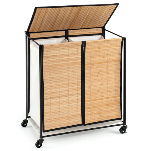 18.5 Gal Laundry Hamper With Lid, 2-Section, Lockable Wheels, Natural