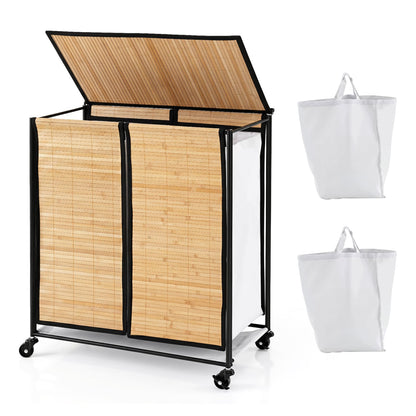 18.5 Gal Laundry Hamper With Lid, 2-Section, Lockable Wheels, Natural