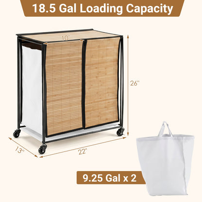 18.5 Gal Laundry Hamper With Lid, 2-Section, Lockable Wheels, Natural