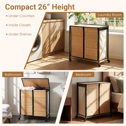 18.5 Gal Laundry Hamper With Lid, 2-Section, Lockable Wheels, Natural