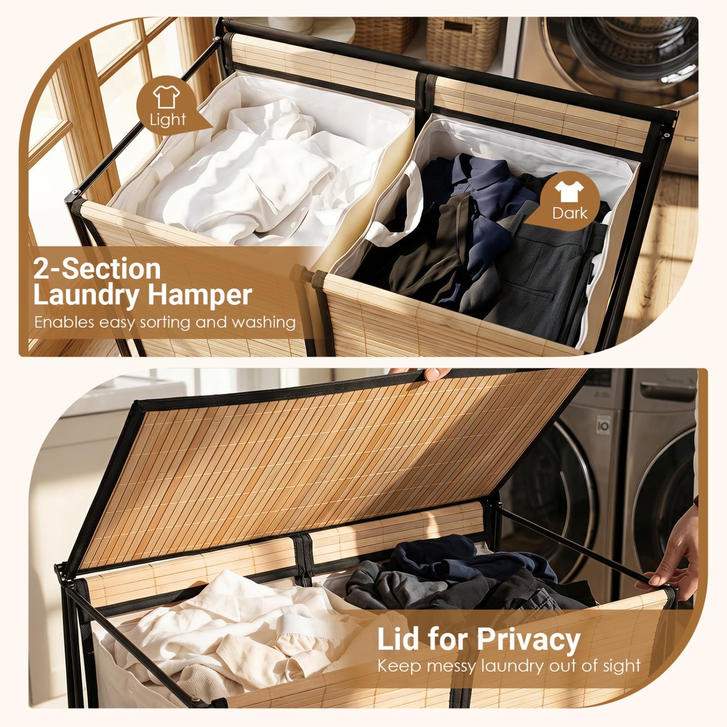 18.5 Gal Laundry Hamper With Lid, 2-Section, Lockable Wheels, Natural