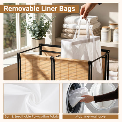 18.5 Gal Laundry Hamper With Lid, 2-Section, Lockable Wheels, Natural