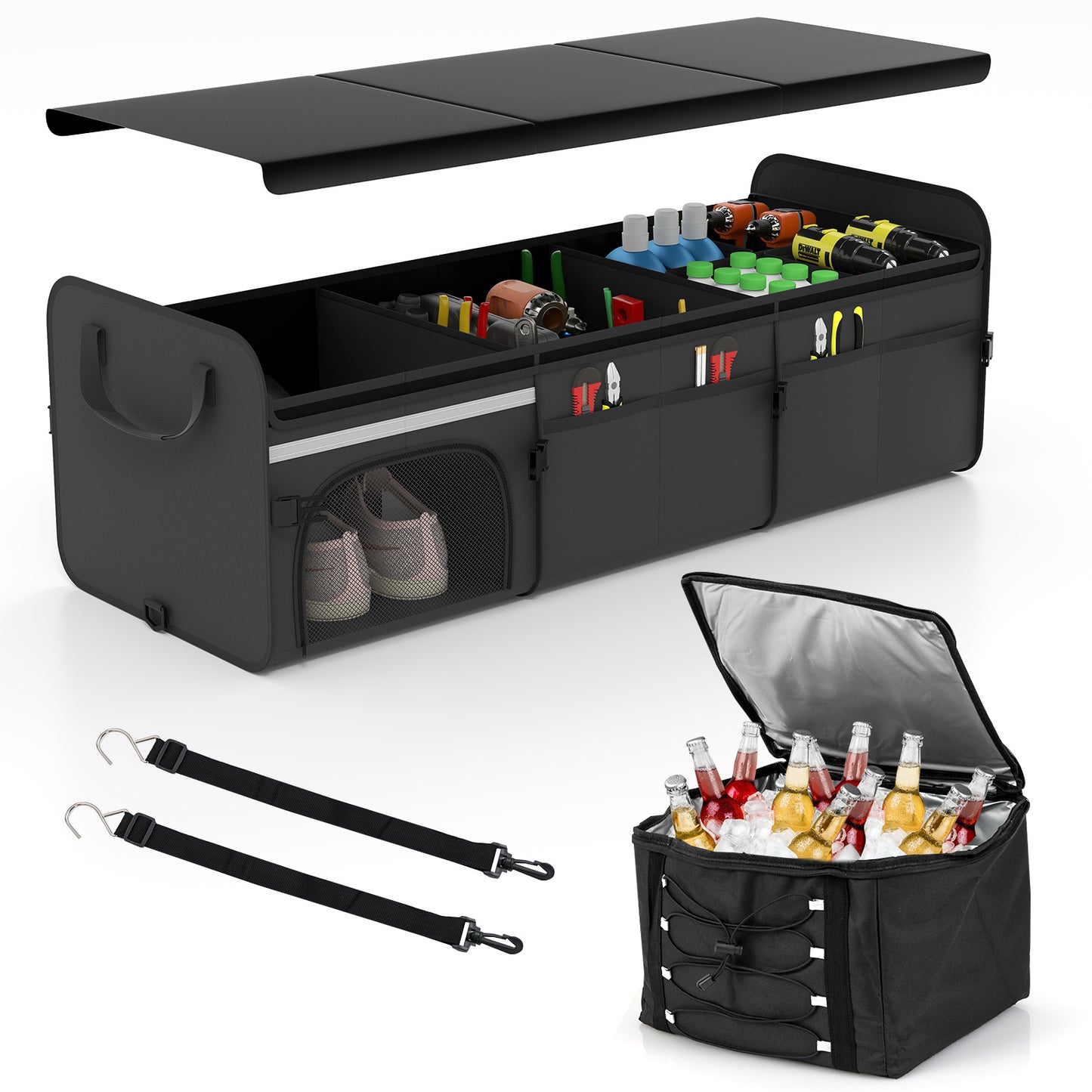 18 Gal Car Trunk Organizer with Lid 3-Compartment Portable Storage Box, Black Garages at Gallery Canada