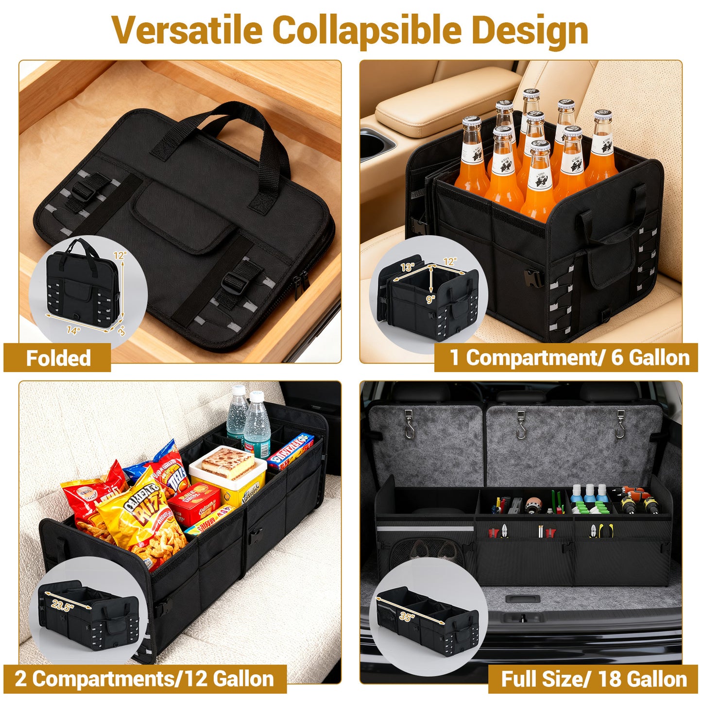 18 Gal Car Trunk Organizer, 3-Compartment Storage Box With Lid, Black Garages at Gallery Canada