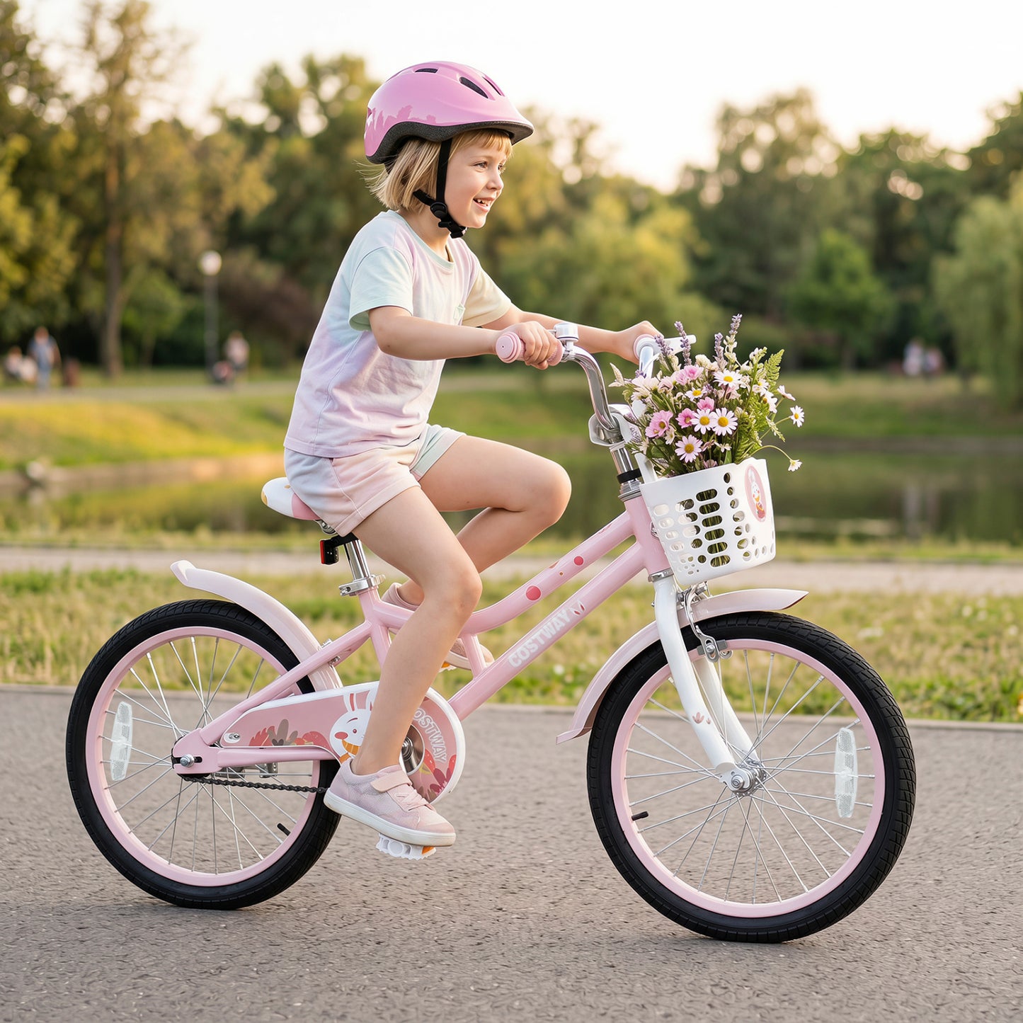 Vélo pour enfants réglable, 18 pouces, avec roues d'entraînement, rose