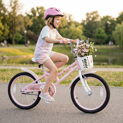 Vélo pour enfants réglable, 18 pouces, avec roues d'entraînement, rose