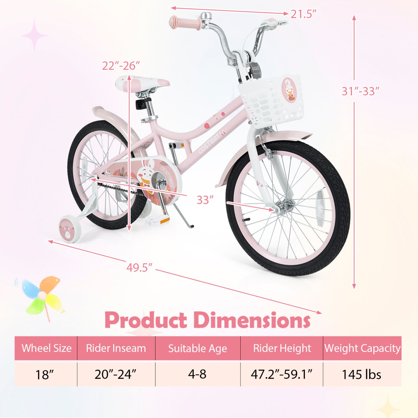 Vélo pour enfants réglable, 18 pouces, avec roues d'entraînement, rose