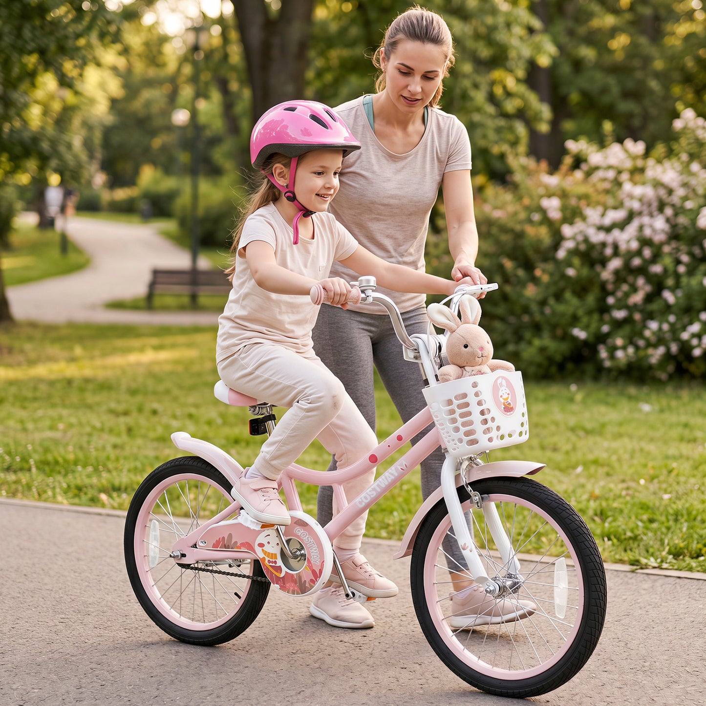 Vélo pour enfants réglable, 18 pouces, avec roues d'entraînement, rose
