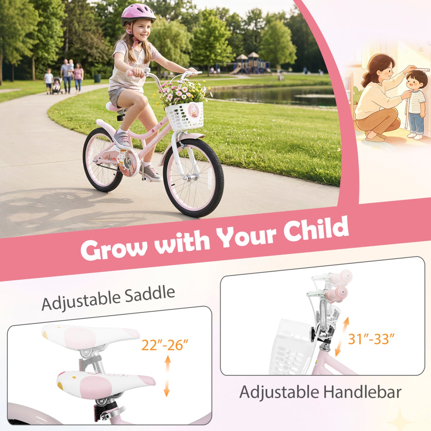 Vélo pour enfants réglable, 18 pouces, avec roues d'entraînement, rose
