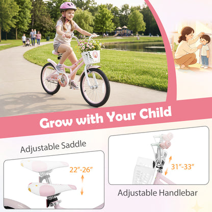 Vélo pour enfants réglable, 18 pouces, avec roues d'entraînement, rose