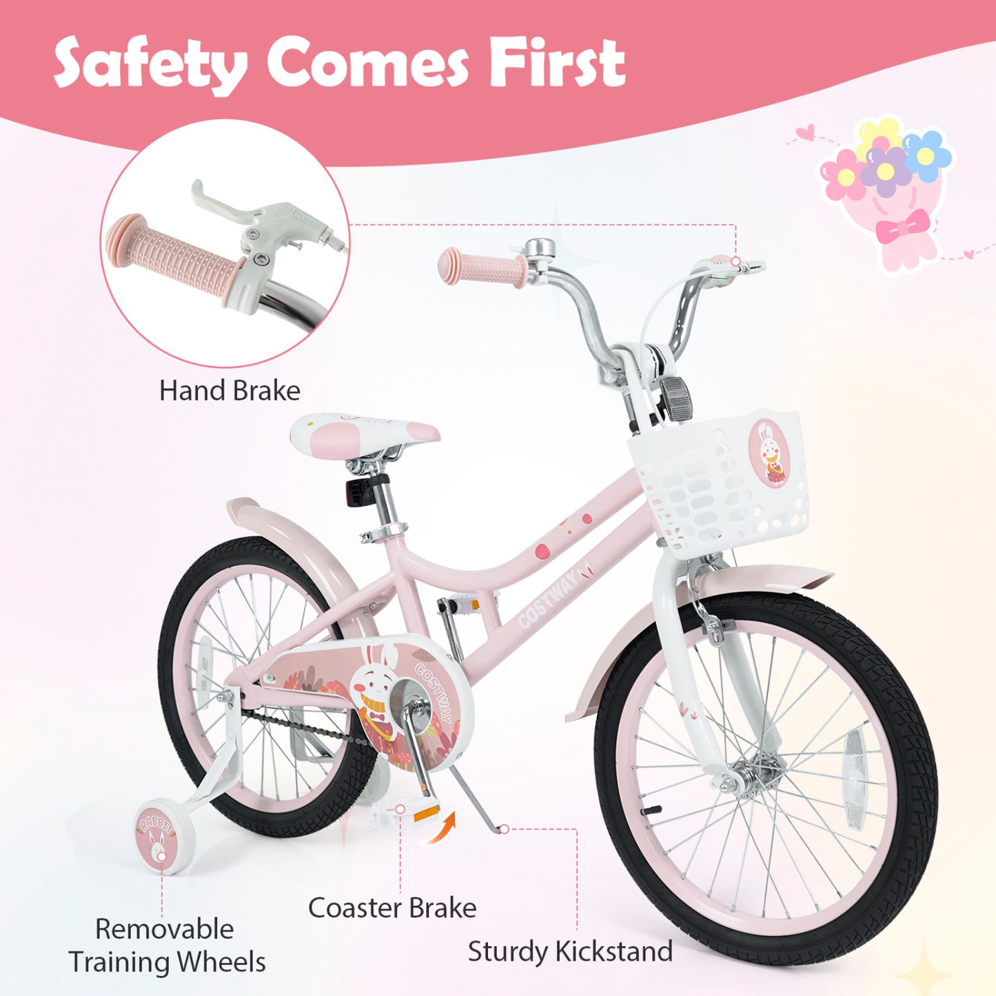Vélo pour enfants réglable, 18 pouces, avec roues d'entraînement, rose