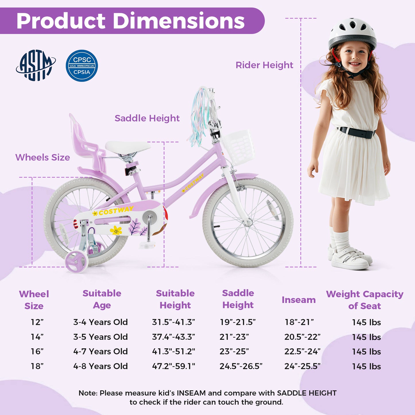 18 Inch Girls Bike With Doll Seat, Streamers, 4-8 Years, Purple Kids Bike at Gallery Canada