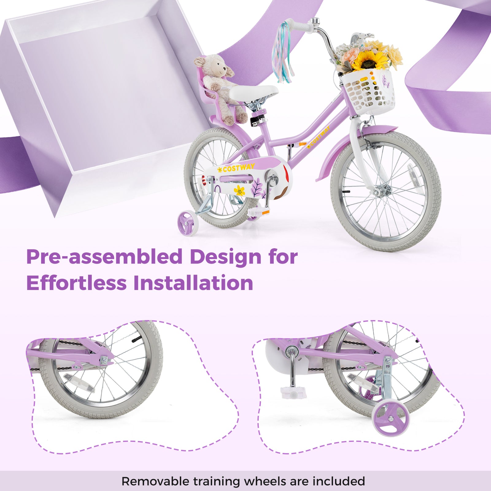 18 Inch Girls Bike With Doll Seat, Streamers, 4-8 Years, Purple Kids Bike at Gallery Canada